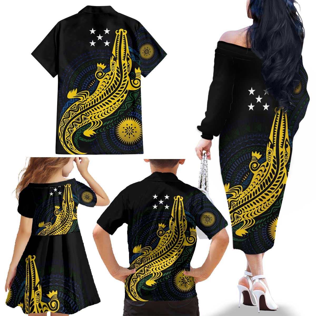 Personalized Solomon Islands Independence Anniversary Family Matching Off The Shoulder Long Sleeve Dress and Hawaiian Shirt Crocodile Mix Tapa