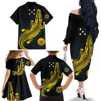 Personalized Solomon Islands Independence Anniversary Family Matching Off The Shoulder Long Sleeve Dress and Hawaiian Shirt Crocodile Mix Tapa