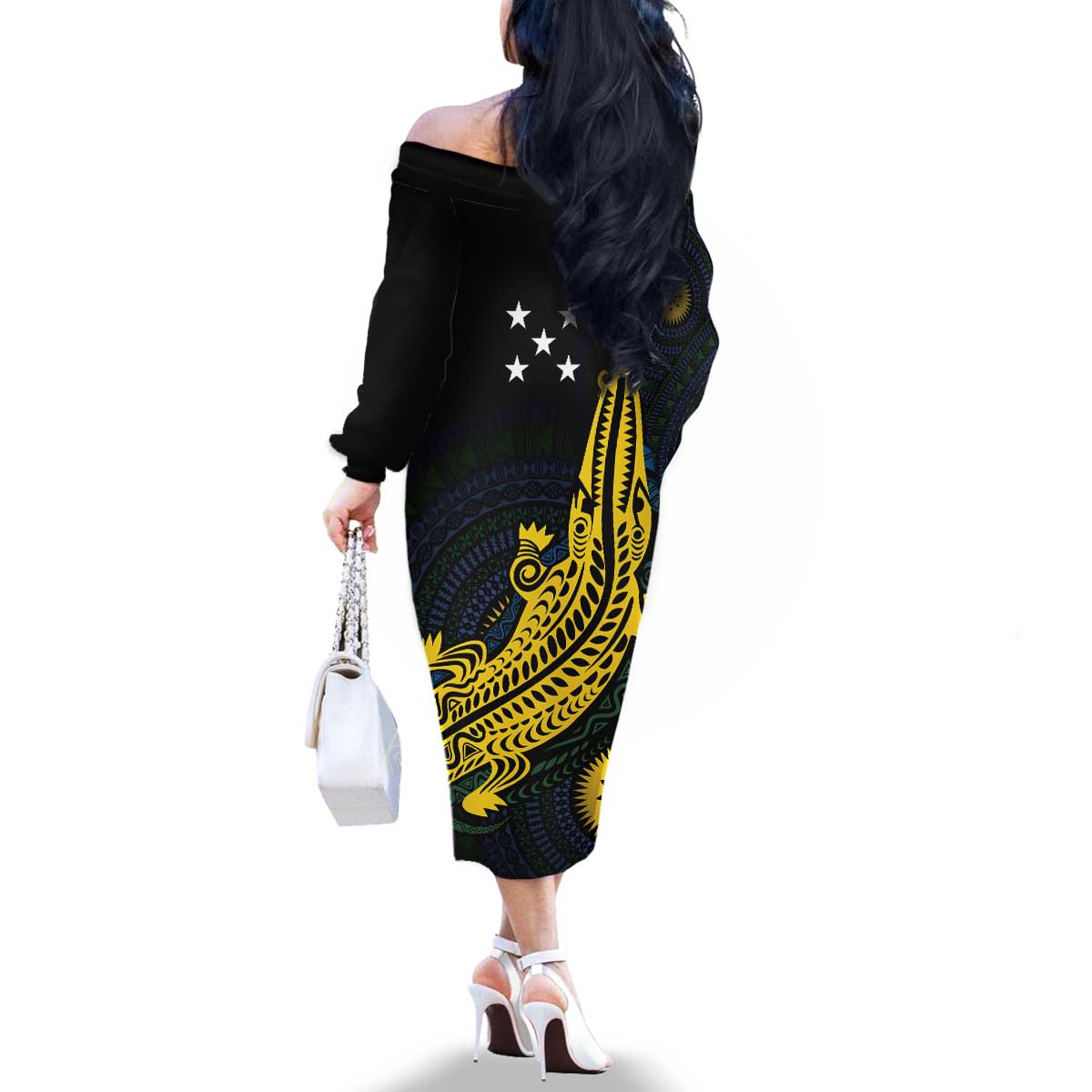 Personalized Solomon Islands Independence Anniversary Family Matching Off The Shoulder Long Sleeve Dress and Hawaiian Shirt Crocodile Mix Tapa