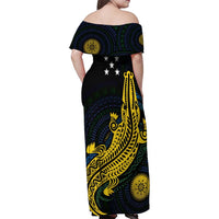 Personalized Solomon Islands Independence Anniversary Family Matching Off Shoulder Maxi Dress and Hawaiian Shirt Crocodile Mix Tapa