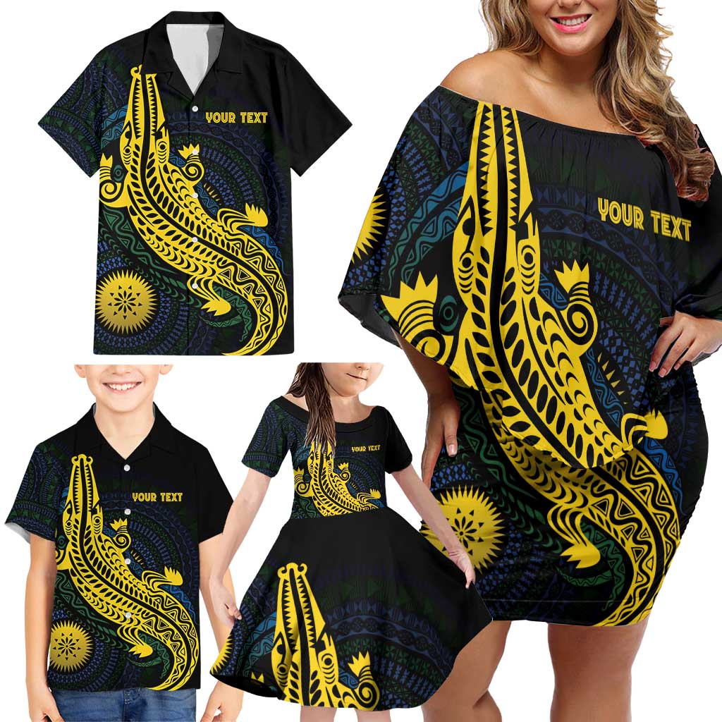 Personalized Solomon Islands Independence Anniversary Family Matching Off Shoulder Short Dress and Hawaiian Shirt Crocodile Mix Tapa