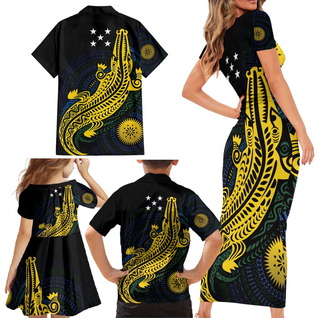 Personalized Solomon Islands Independence Anniversary Family Matching Short Sleeve Bodycon Dress and Hawaiian Shirt Crocodile Mix Tapa
