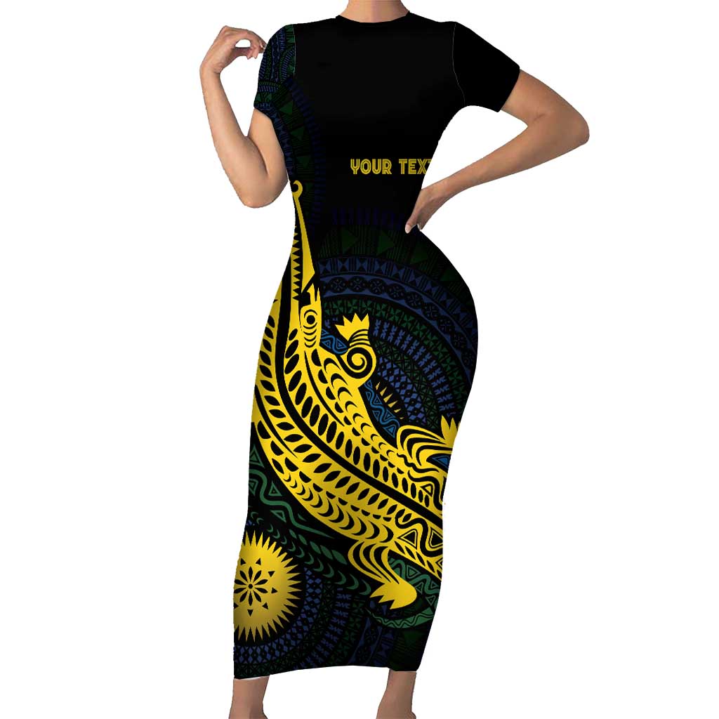 Personalized Solomon Islands Independence Anniversary Family Matching Short Sleeve Bodycon Dress and Hawaiian Shirt Crocodile Mix Tapa