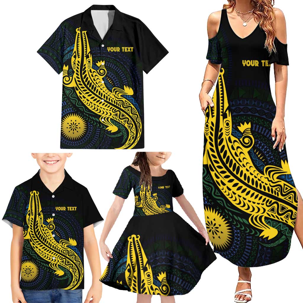 Personalized Solomon Islands Independence Anniversary Family Matching Summer Maxi Dress and Hawaiian Shirt Crocodile Mix Tapa