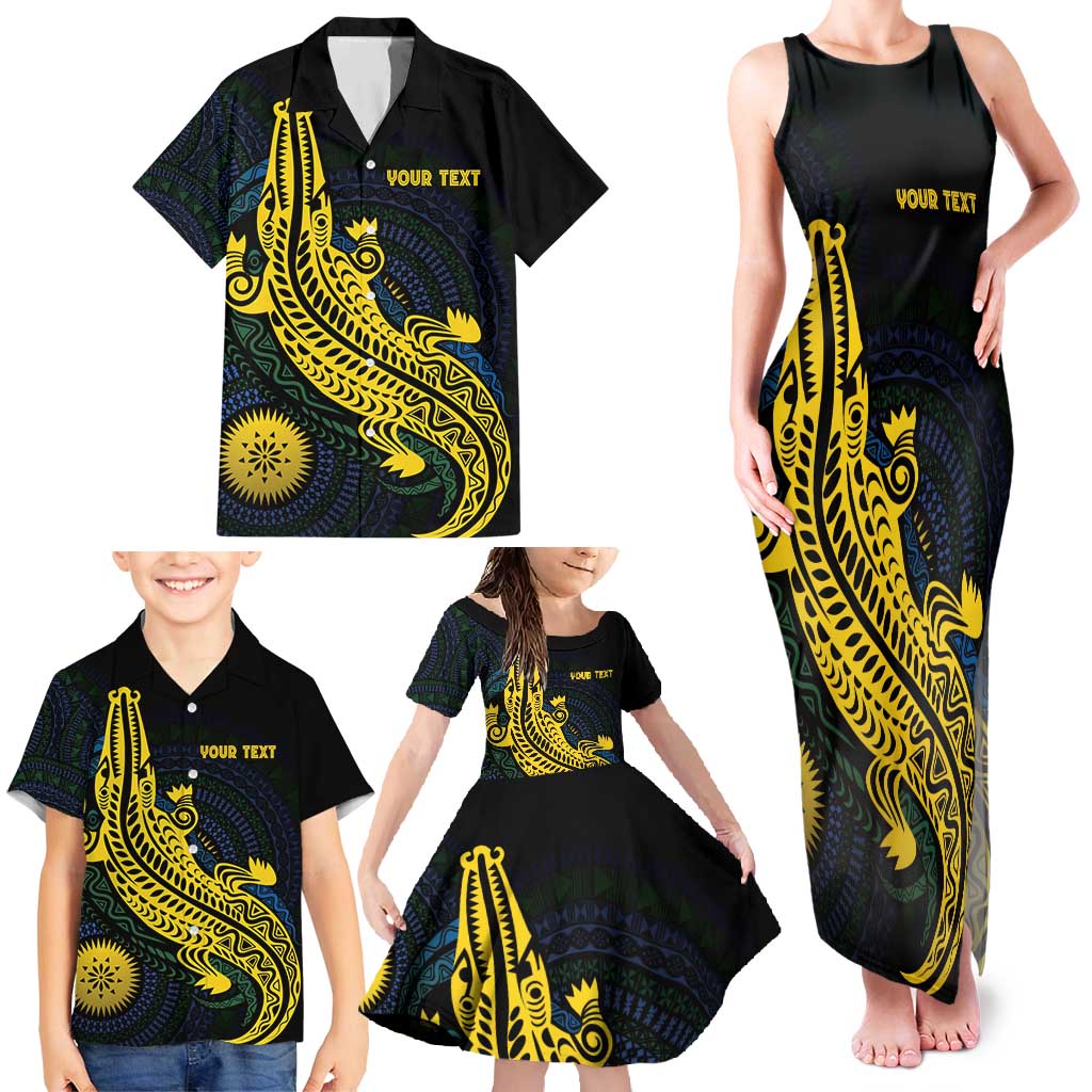 Personalized Solomon Islands Independence Anniversary Family Matching Tank Maxi Dress and Hawaiian Shirt Crocodile Mix Tapa