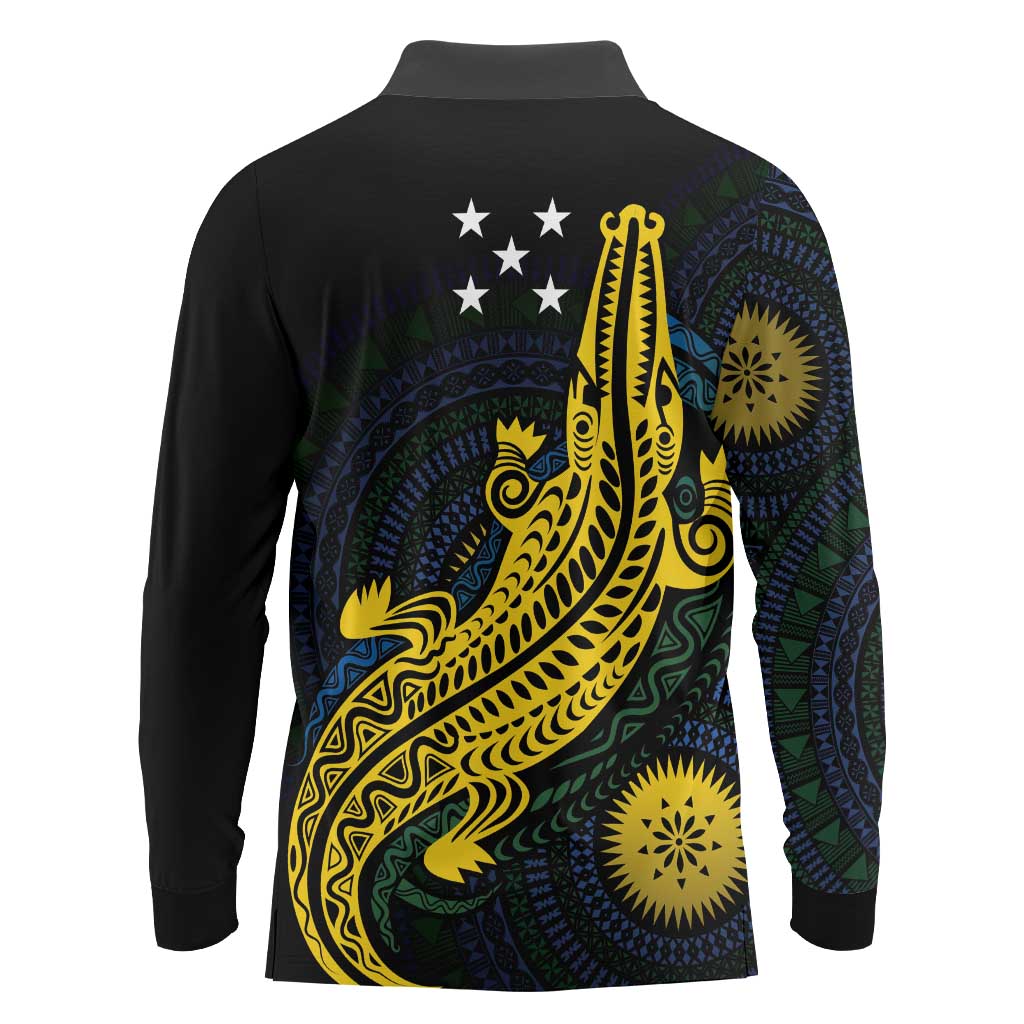 Personalized Solomon Islands Independence Anniversary Long Sleeve Polo Shirt Crocodile Mix Tapa
