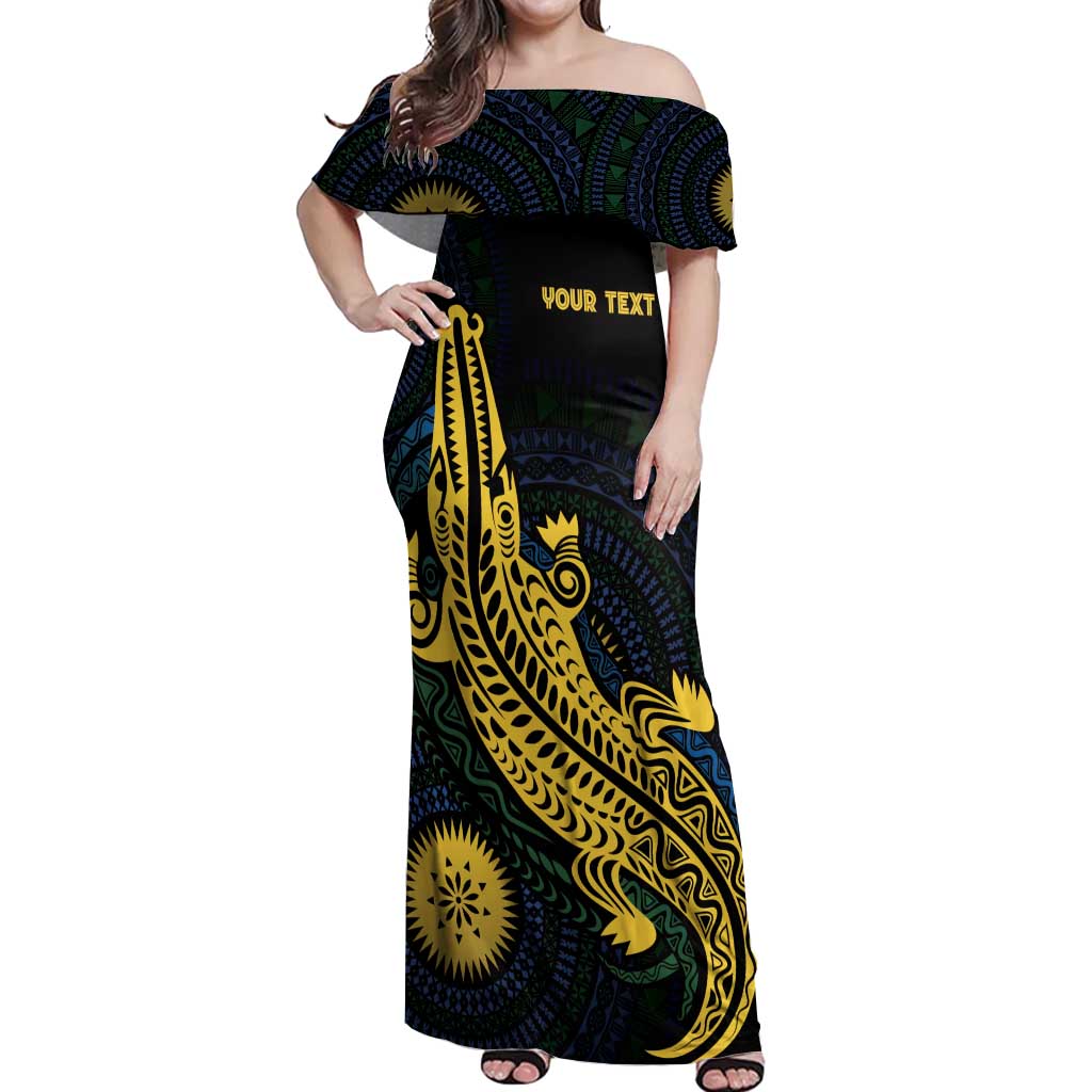 Personalized Solomon Islands Independence Anniversary Off Shoulder Maxi Dress Crocodile Mix Tapa