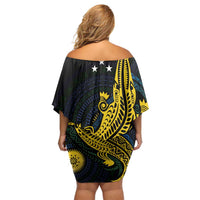 Personalized Solomon Islands Independence Anniversary Off Shoulder Short Dress Crocodile Mix Tapa