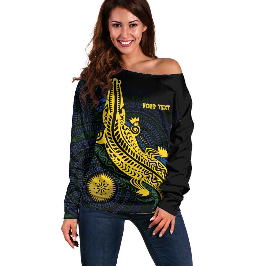 Personalized Solomon Islands Independence Anniversary Off Shoulder Sweater Crocodile Mix Tapa