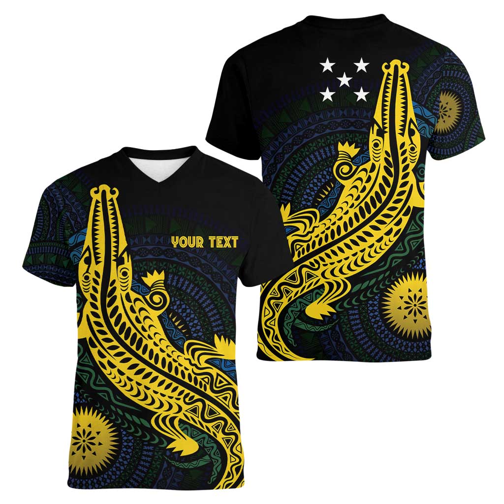 Personalized Solomon Islands Independence Anniversary Women V-Neck T-Shirt Crocodile Mix Tapa