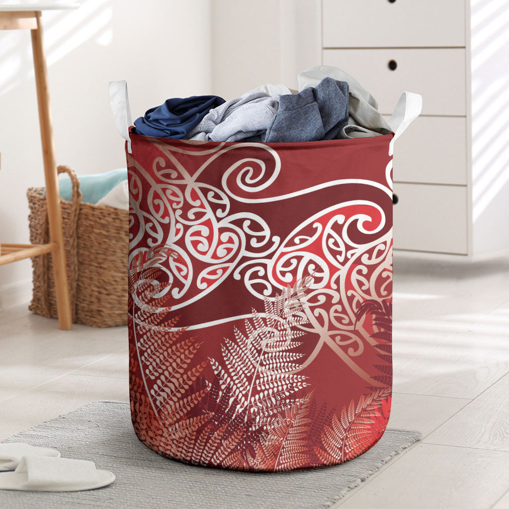Aotearoa Maori Koru Curves Laundry Basket Silver Ferns - Crimson Red LT7 Red - Polynesian Pride