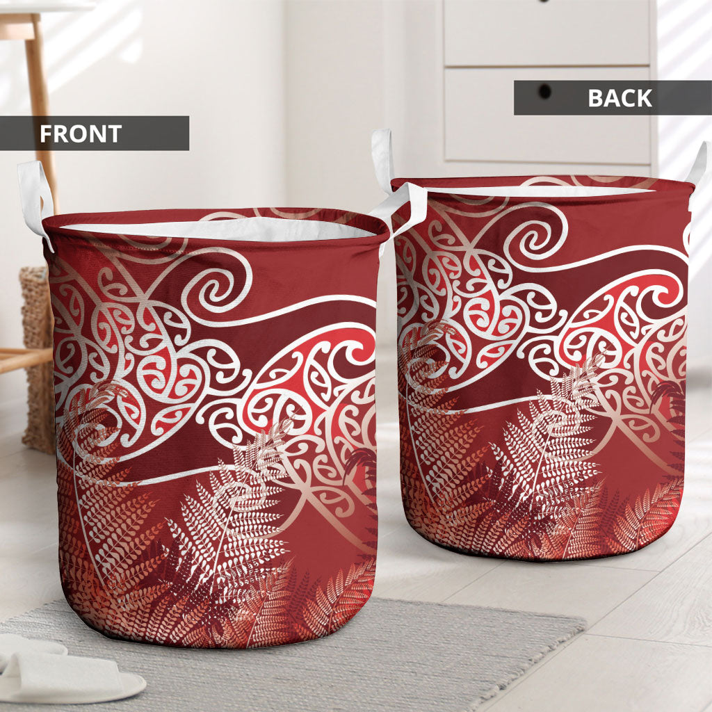Aotearoa Maori Koru Curves Laundry Basket Silver Ferns - Crimson Red LT7 - Polynesian Pride