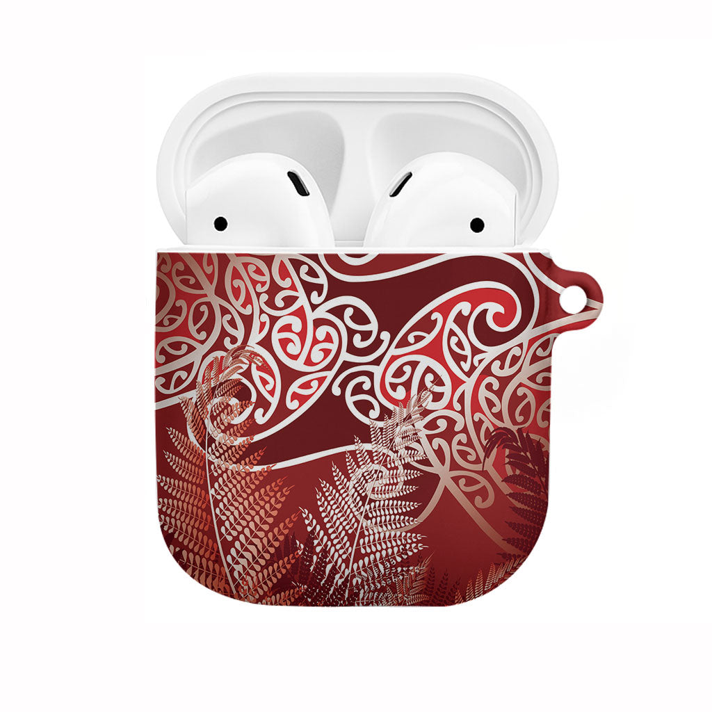 Aotearoa Maori Koru Curves AirPods Case Silver Ferns - Crimson Red LT7 Red - Polynesian Pride