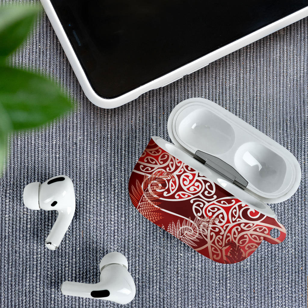 Aotearoa Maori Koru Curves AirPods Case Silver Ferns - Crimson Red LT7 - Polynesian Pride