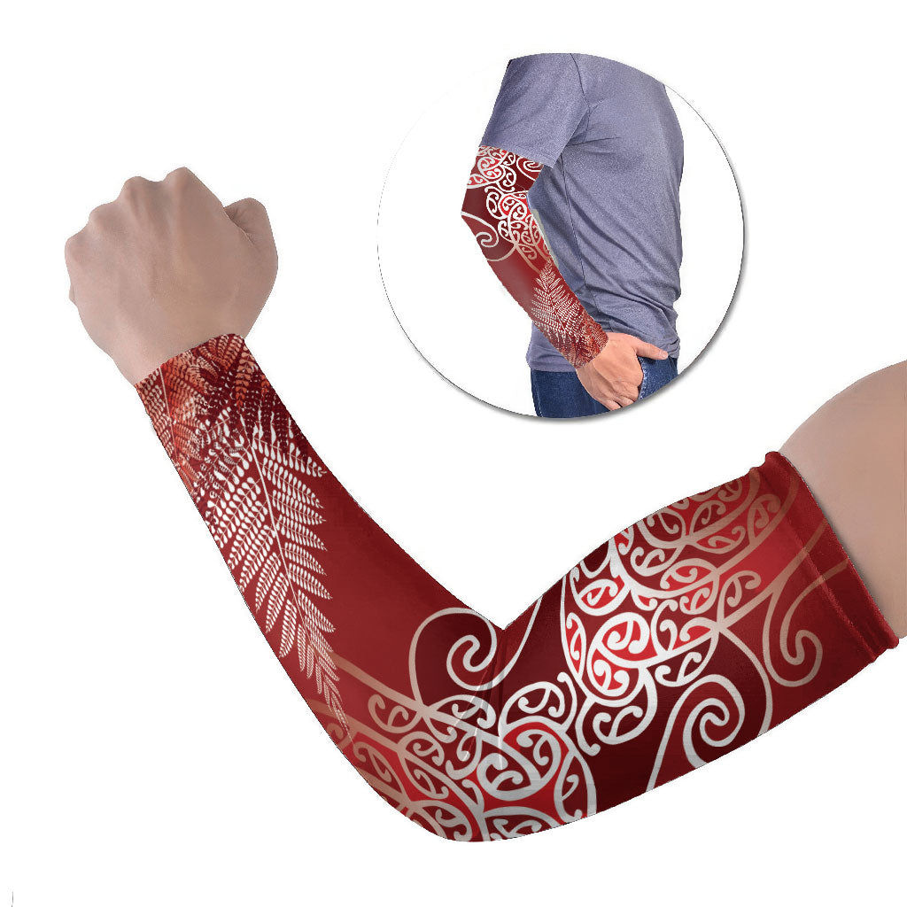 Aotearoa Maori Koru Curves Arm Sleeves Silver Ferns - Crimson Red LT7 Set of 2 Red - Polynesian Pride