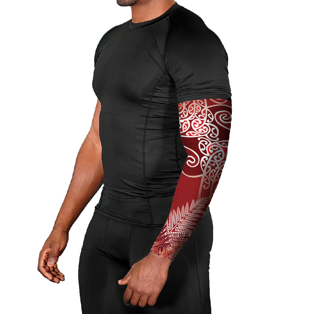 Aotearoa Maori Koru Curves Arm Sleeves Silver Ferns - Crimson Red LT7 - Polynesian Pride