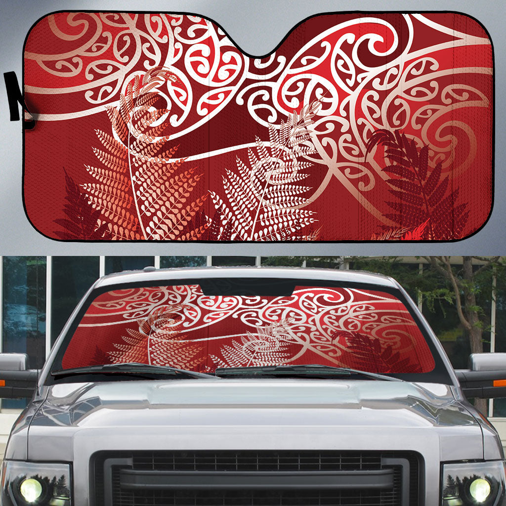 Aotearoa Maori Koru Curves Auto Sun Shade Silver Ferns - Crimson Red LT7 Red - Polynesian Pride