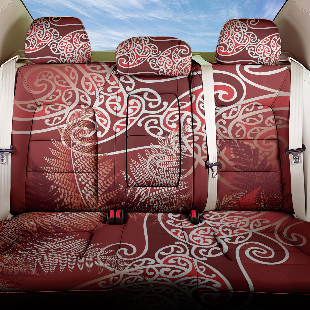 Aotearoa Maori Koru Curves Back Car Seat Cover Silver Ferns - Crimson Red LT7 One Size Red - Polynesian Pride