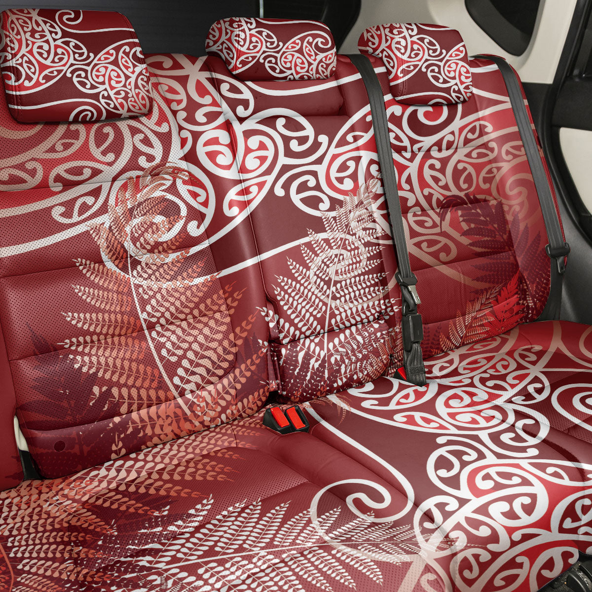 Aotearoa Maori Koru Curves Back Car Seat Cover Silver Ferns - Crimson Red LT7 - Polynesian Pride