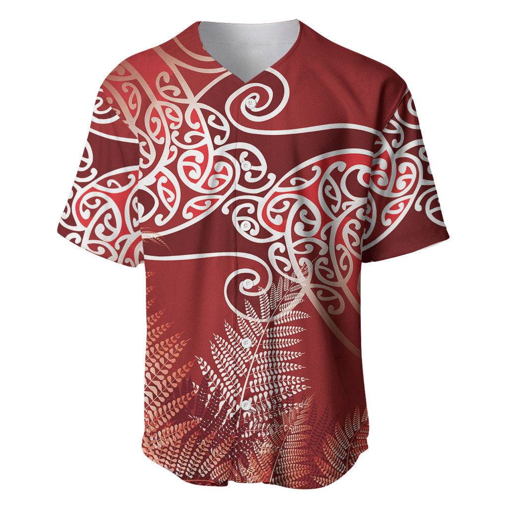 Aotearoa Maori Koru Curves Baseball Jersey Silver Ferns - Crimson Red LT7 Red - Polynesian Pride