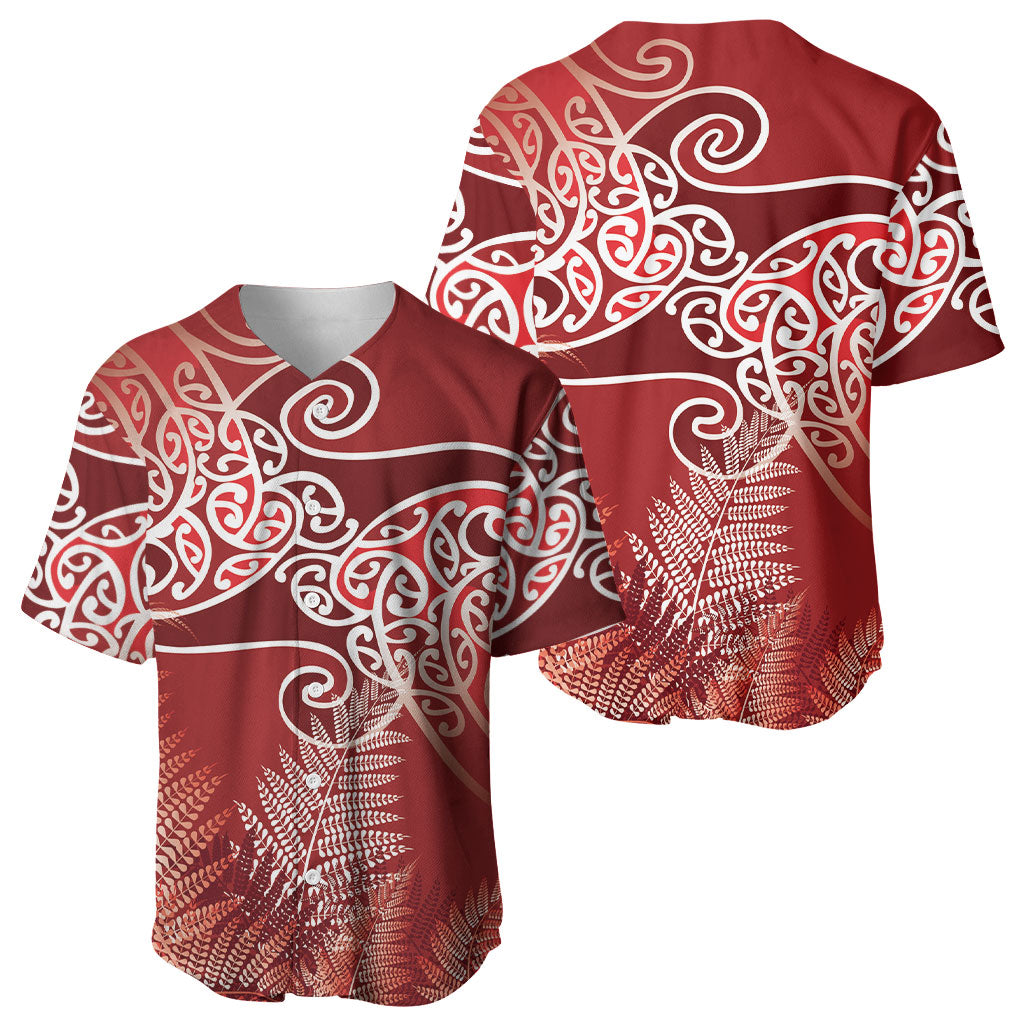 Aotearoa Maori Koru Curves Baseball Jersey Silver Ferns - Crimson Red LT7 - Polynesian Pride