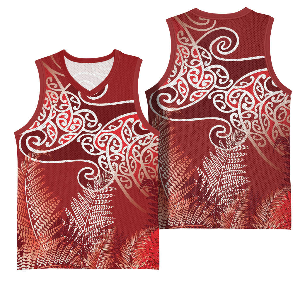 Aotearoa Maori Koru Curves Basketball Jersey Silver Ferns - Crimson Red LT7 - Polynesian Pride