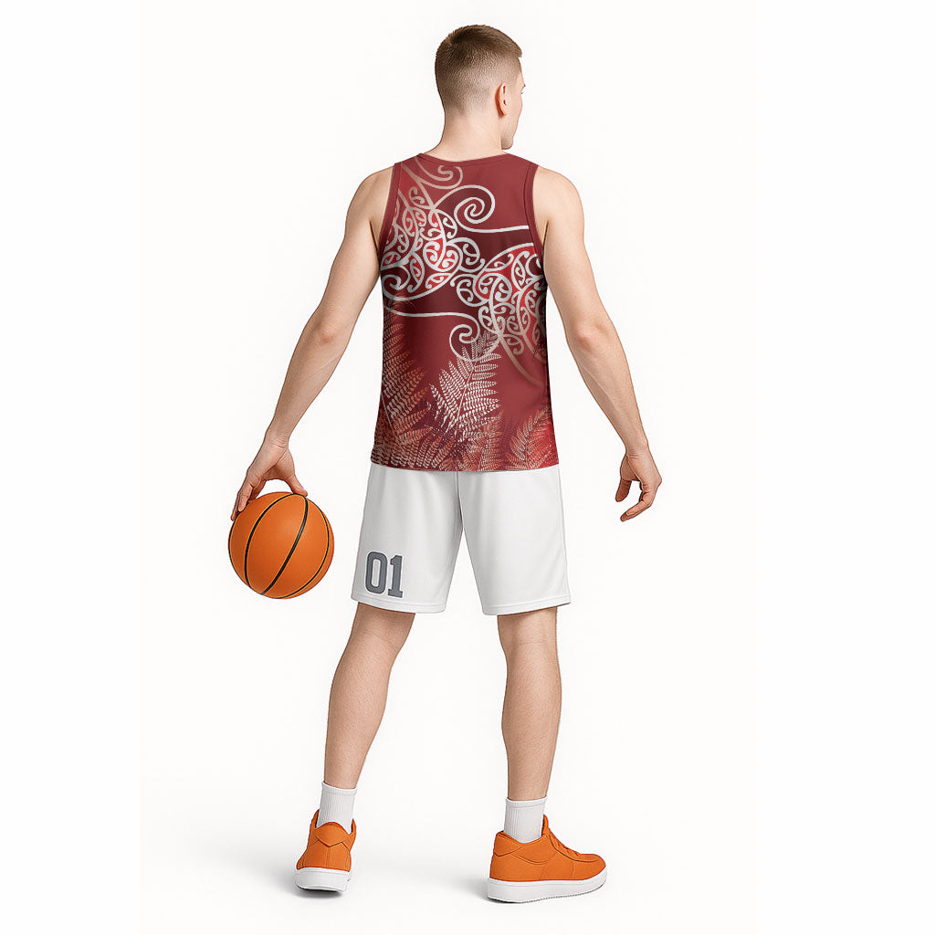 Aotearoa Maori Koru Curves Basketball Jersey Silver Ferns - Crimson Red LT7 - Polynesian Pride