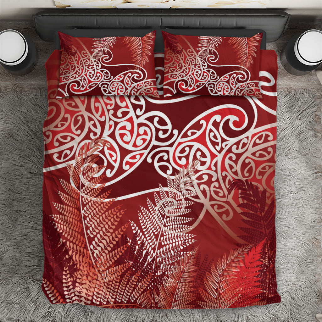 Aotearoa Maori Koru Curves Bedding Set Silver Ferns - Crimson Red