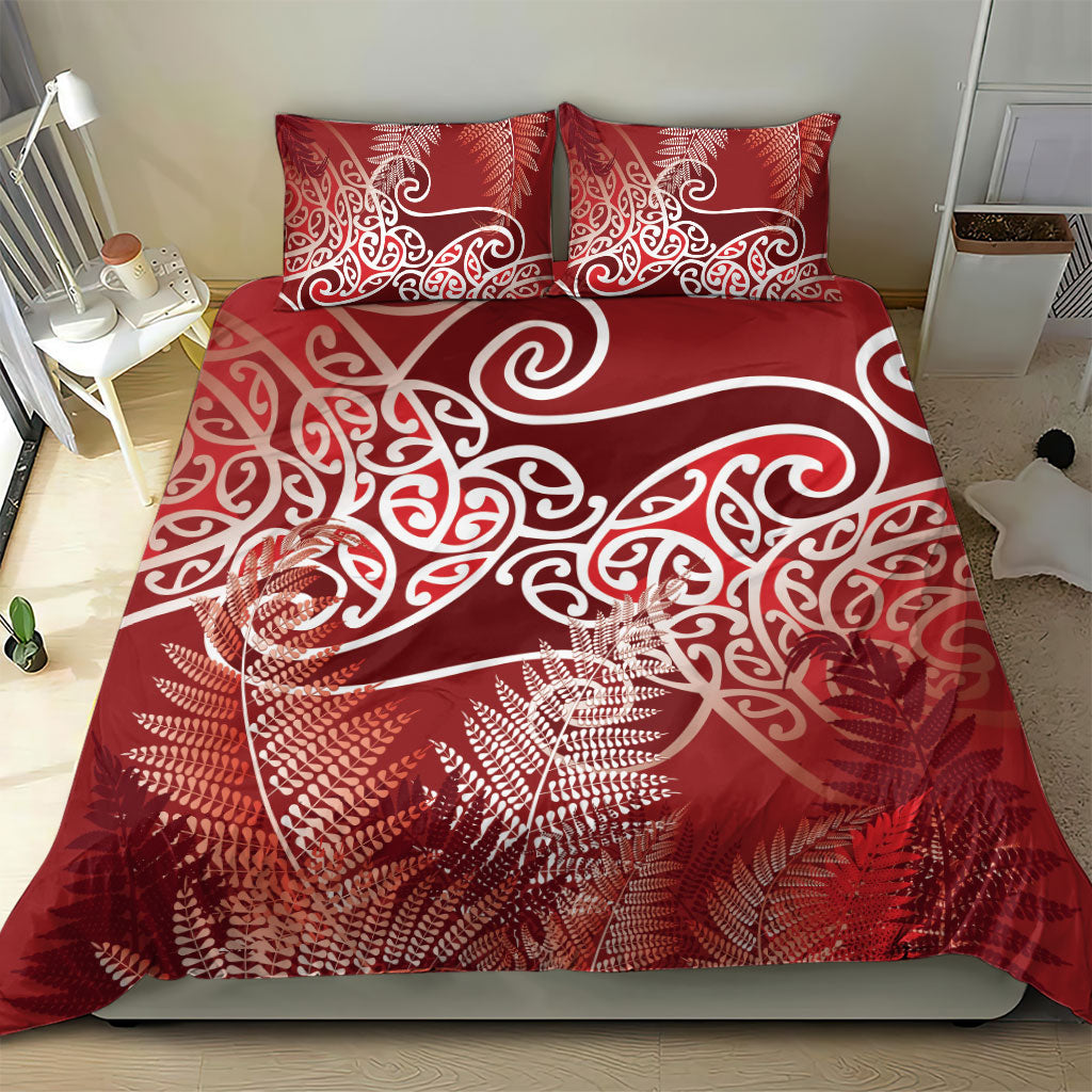Aotearoa Maori Koru Curves Bedding Set Silver Ferns - Crimson Red LT7 - Polynesian Pride
