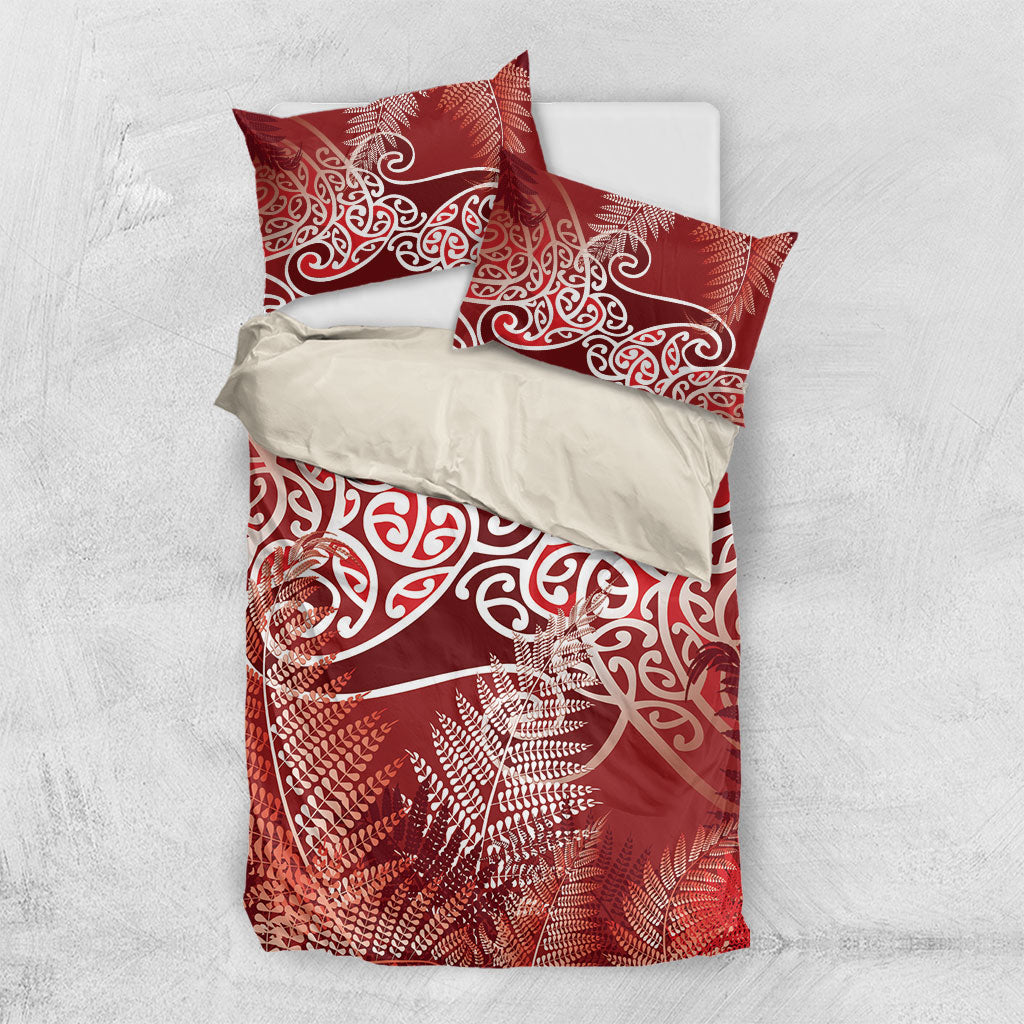 Aotearoa Maori Koru Curves Bedding Set Silver Ferns - Crimson Red LT7 US Twin 172cm x 218cm Red - Polynesian Pride