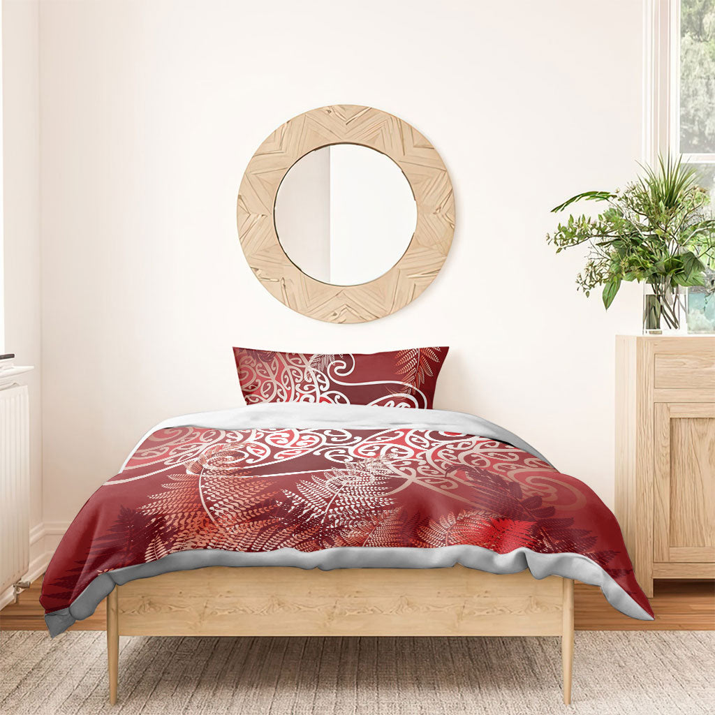 Aotearoa Maori Koru Curves Bedding Set Silver Ferns - Crimson Red LT7 - Polynesian Pride