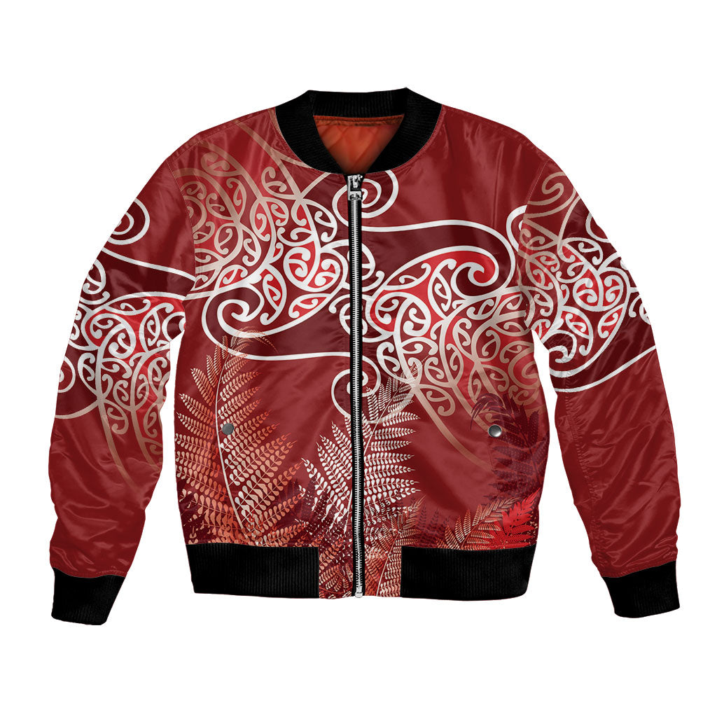 Aotearoa Maori Koru Curves Bomber Jacket Silver Ferns - Crimson Red LT7 Unisex Red - Polynesian Pride