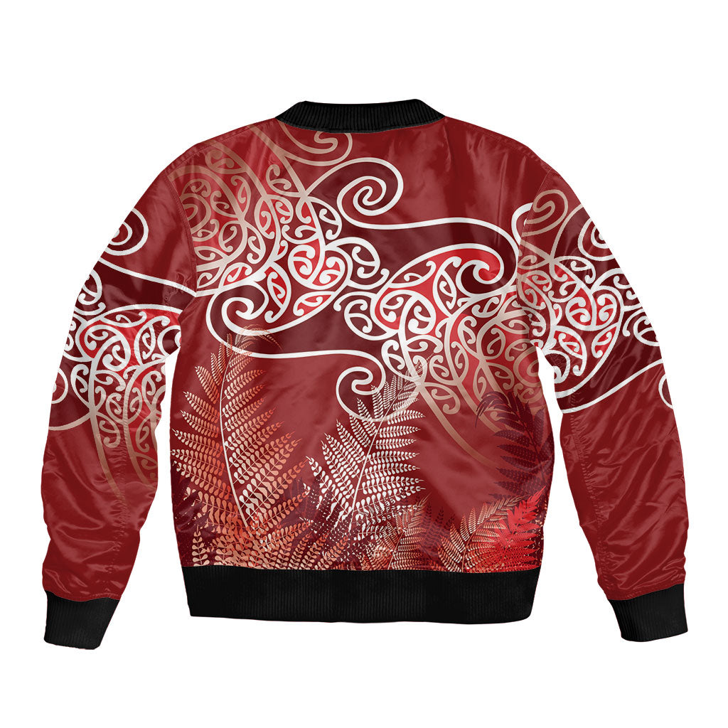 Aotearoa Maori Koru Curves Bomber Jacket Silver Ferns - Crimson Red LT7 - Polynesian Pride