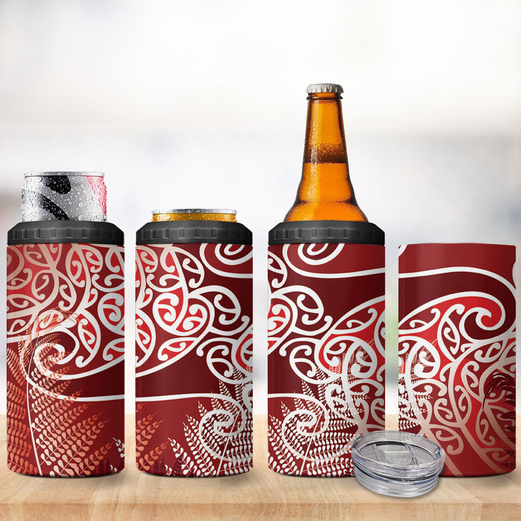 Aotearoa Maori Koru Curves 4 in 1 Can Cooler Tumbler Silver Ferns - Crimson Red LT7 - Polynesian Pride