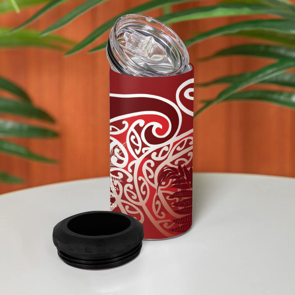 Aotearoa Maori Koru Curves 4 in 1 Can Cooler Tumbler Silver Ferns - Crimson Red LT7 - Polynesian Pride