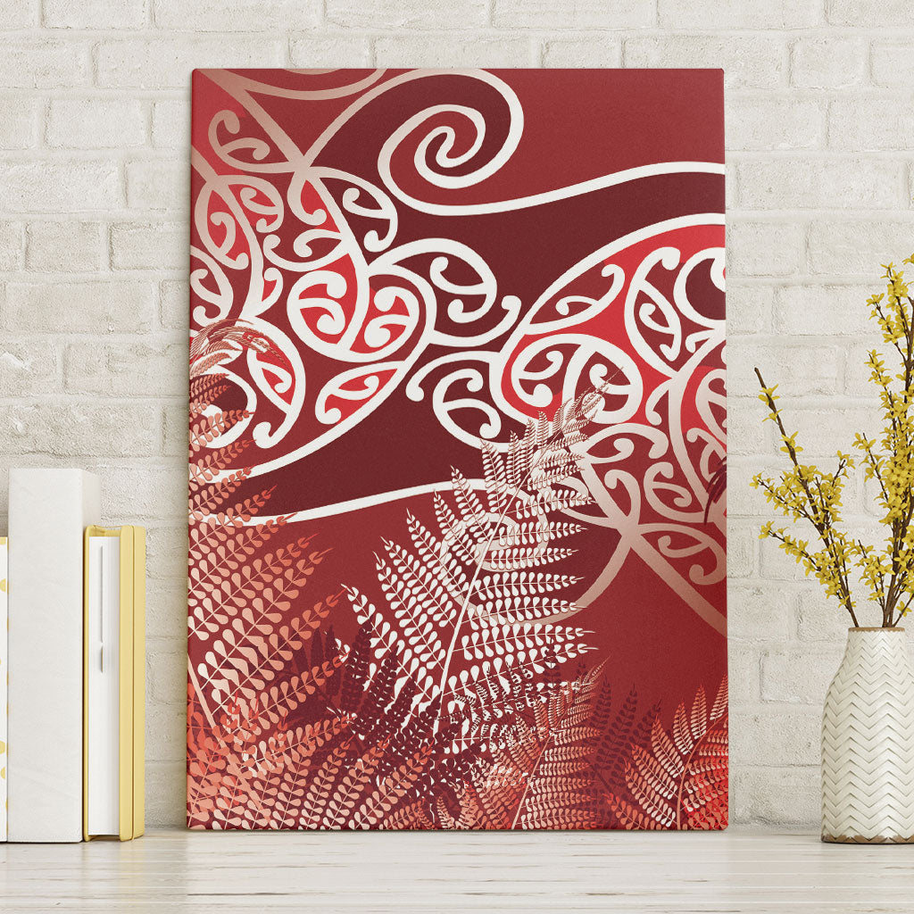 Aotearoa Maori Koru Curves Canvas Wall Art Silver Ferns - Crimson Red LT7 Without Frame Red - Polynesian Pride