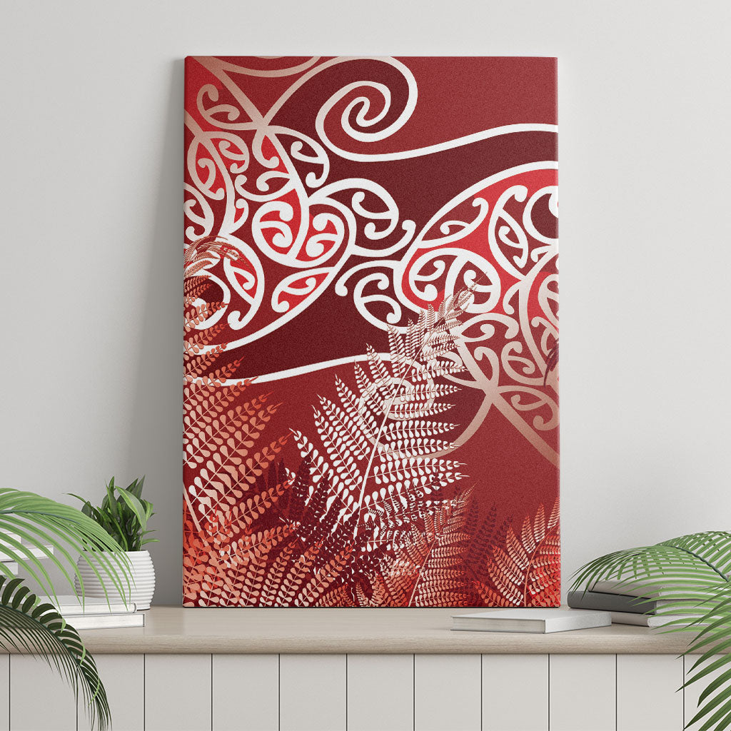 Aotearoa Maori Koru Curves Canvas Wall Art Silver Ferns - Crimson Red LT7 - Polynesian Pride