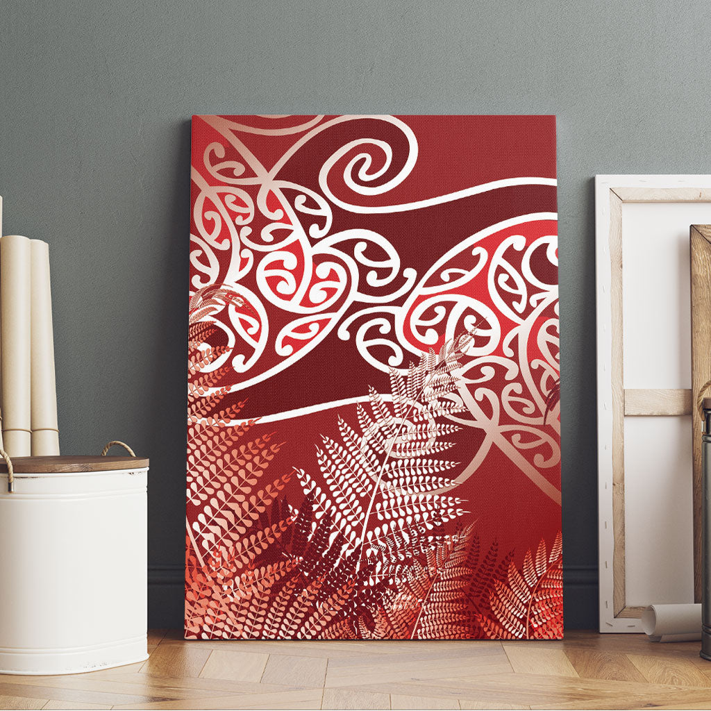 Aotearoa Maori Koru Curves Canvas Wall Art Silver Ferns - Crimson Red LT7 - Polynesian Pride