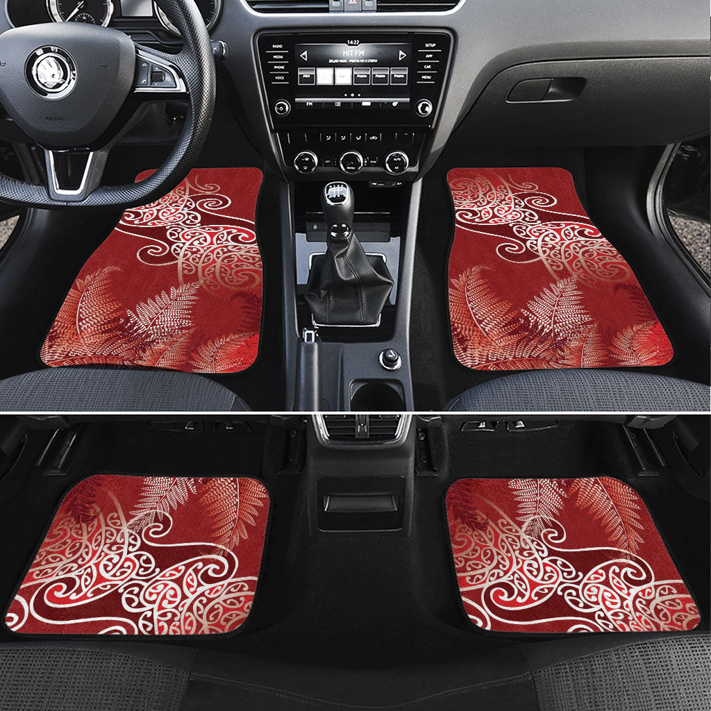 Aotearoa Maori Koru Curves Car Mats Silver Ferns - Crimson Red LT7 Set 4pcs Red - Polynesian Pride