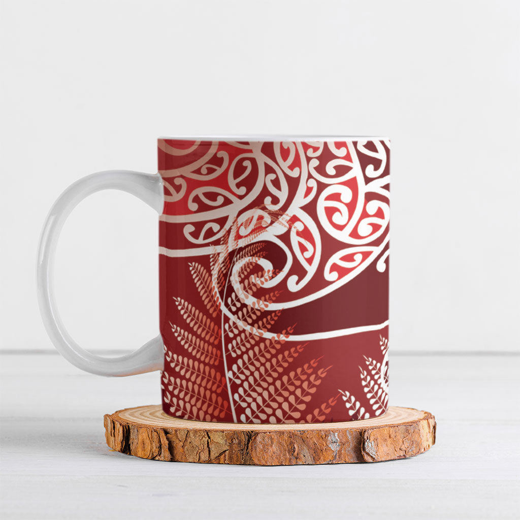 Aotearoa Maori Koru Curves Ceramic Mug Silver Ferns - Crimson Red LT7 Red - Polynesian Pride