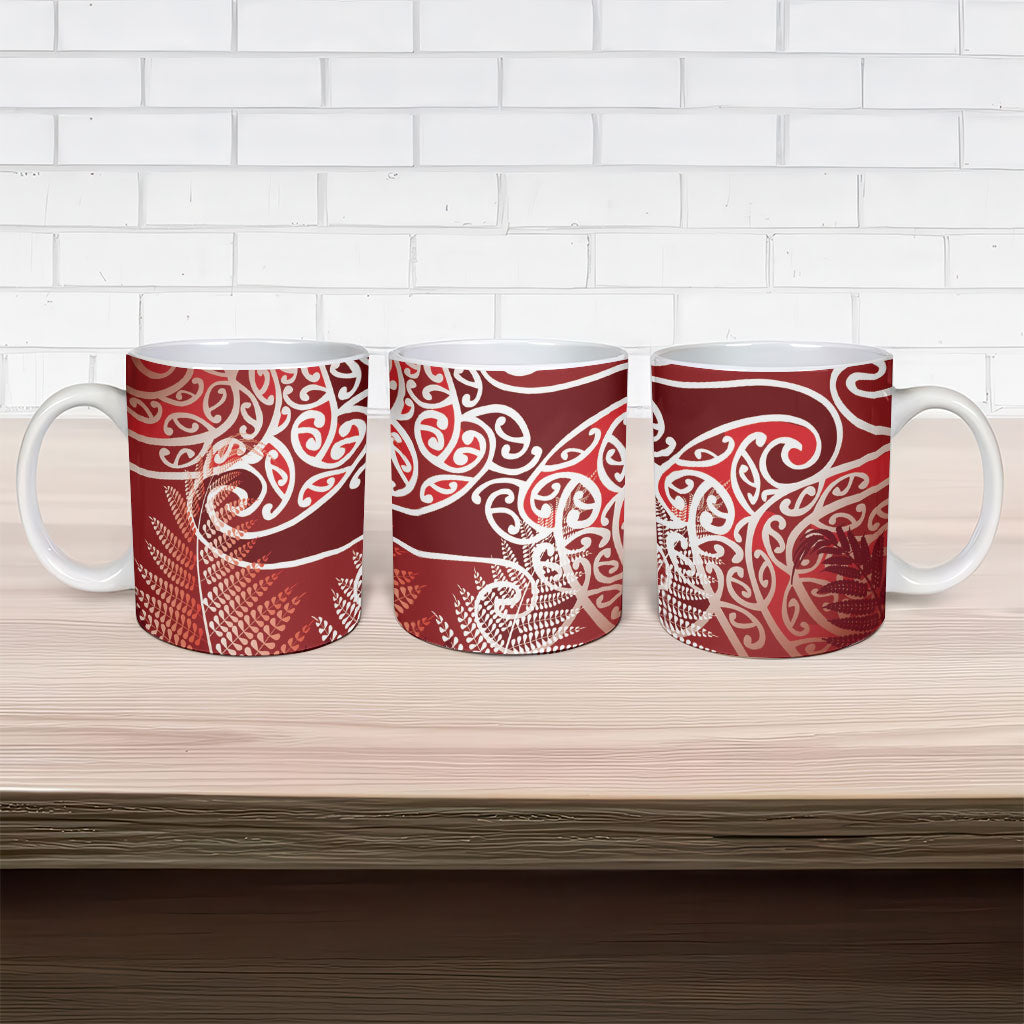 Aotearoa Maori Koru Curves Ceramic Mug Silver Ferns - Crimson Red LT7 - Polynesian Pride