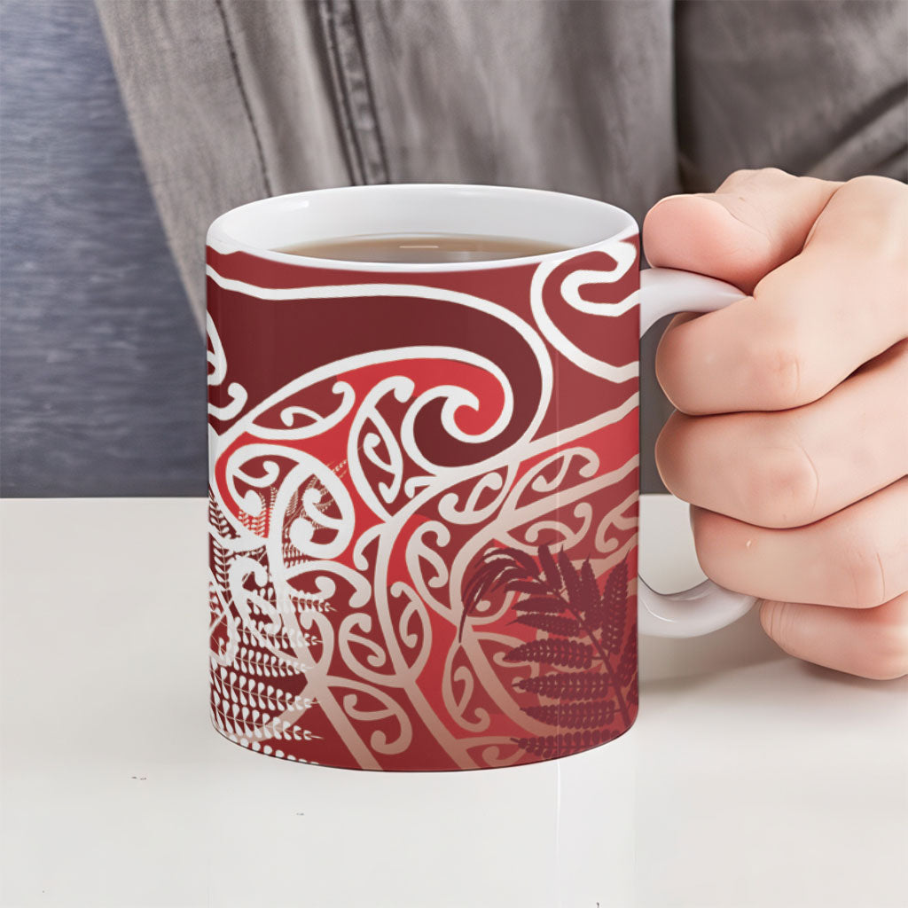 Aotearoa Maori Koru Curves Ceramic Mug Silver Ferns - Crimson Red LT7 - Polynesian Pride
