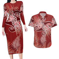 Aotearoa Maori Koru Curves Couples Matching Long Sleeve Bodycon Dress and Hawaiian Shirt Silver Ferns - Crimson Red