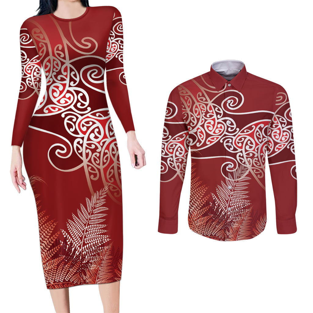 Aotearoa Maori Koru Curves Couples Matching Long Sleeve Bodycon Dress and Long Sleeve Button Shirt Silver Ferns - Crimson Red LT7 Red - Polynesian Pride