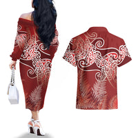 Aotearoa Maori Koru Curves Couples Matching Off The Shoulder Long Sleeve Dress and Hawaiian Shirt Silver Ferns - Crimson Red
