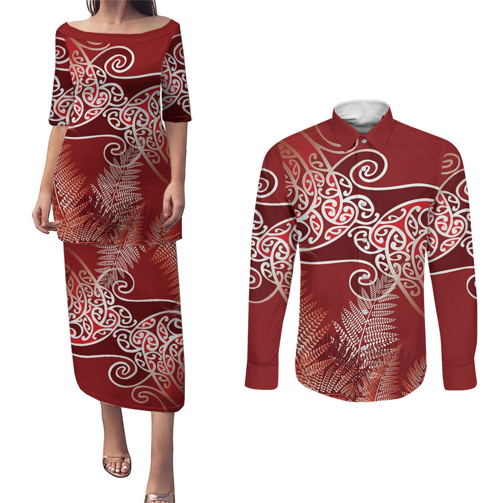 Aotearoa Maori Koru Curves Couples Matching Puletasi and Long Sleeve Button Shirt Silver Ferns - Crimson Red LT7 Red - Polynesian Pride