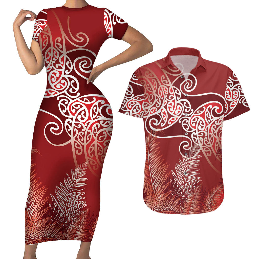 Aotearoa Maori Koru Curves Couples Matching Short Sleeve Bodycon Dress and Hawaiian Shirt Silver Ferns - Crimson Red