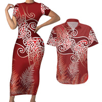 Aotearoa Maori Koru Curves Couples Matching Short Sleeve Bodycon Dress and Hawaiian Shirt Silver Ferns - Crimson Red