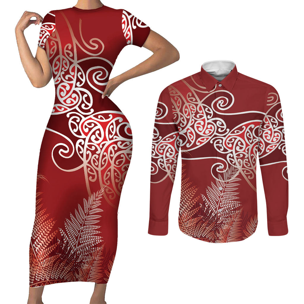 Aotearoa Maori Koru Curves Couples Matching Short Sleeve Bodycon Dress and Long Sleeve Button Shirt Silver Ferns - Crimson Red LT7 Red - Polynesian Pride