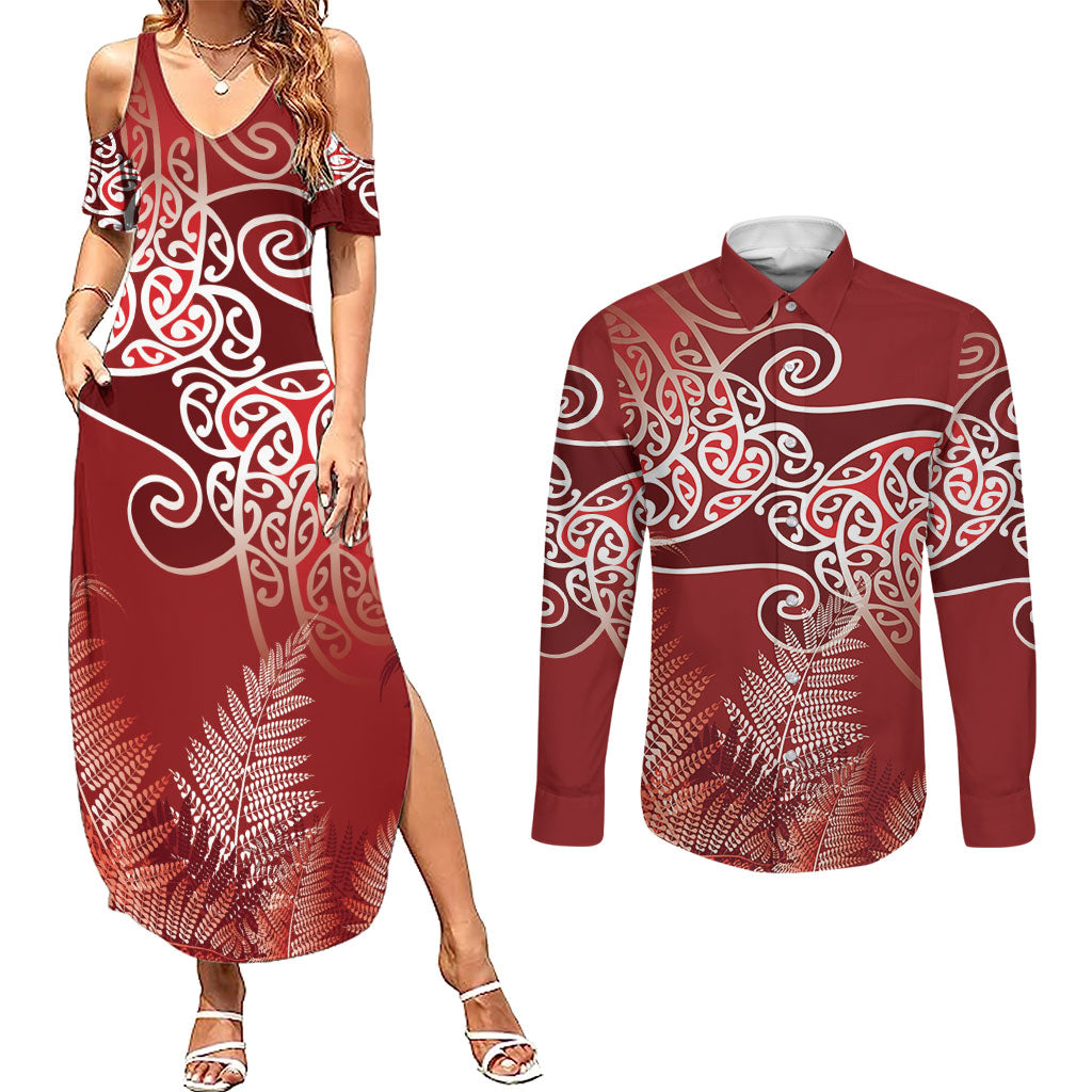 Aotearoa Maori Koru Curves Couples Matching Summer Maxi Dress and Long Sleeve Button Shirt Silver Ferns - Crimson Red LT7 Red - Polynesian Pride